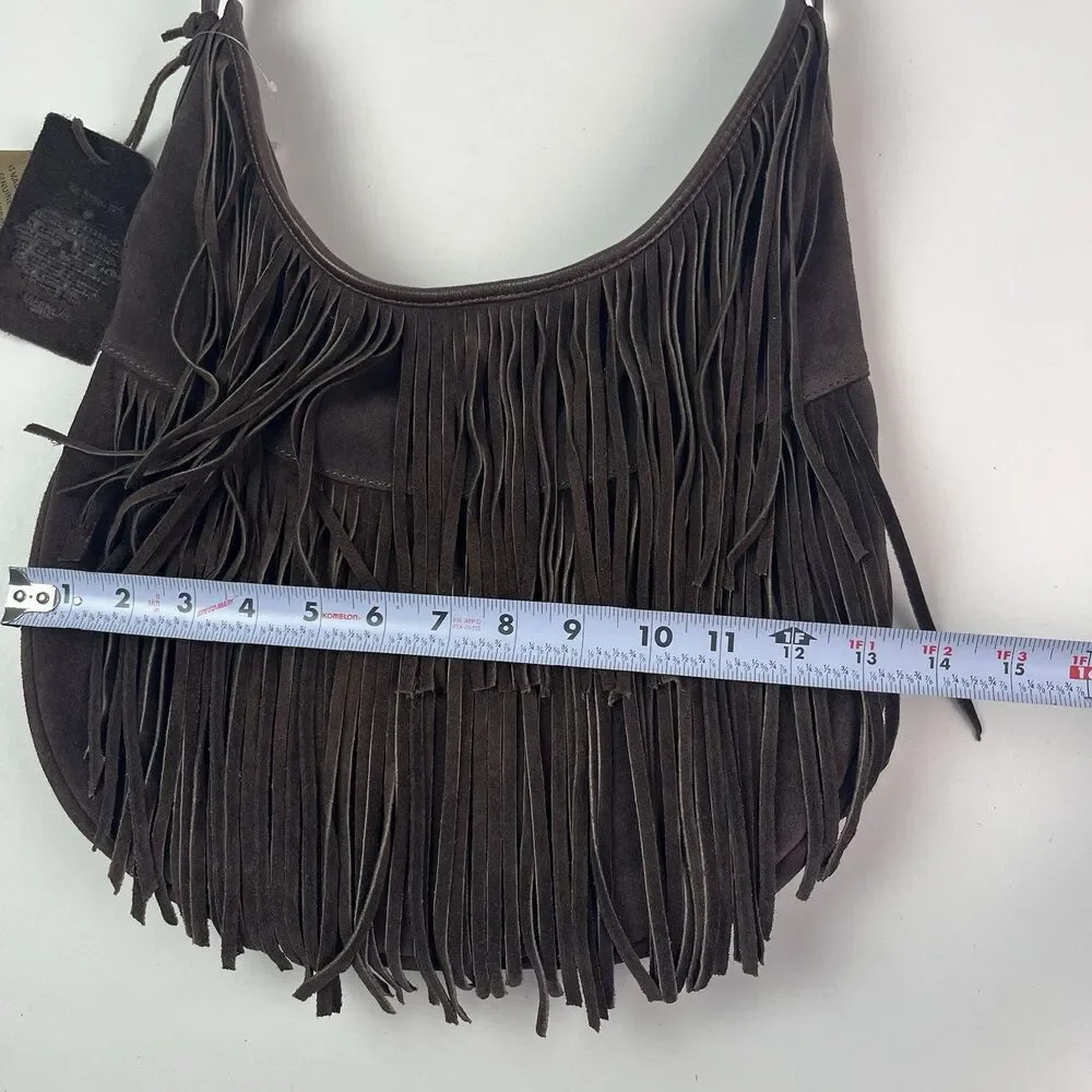 Vilenca Holland Dark Brown Suede Fringe Hobo Bag Boho Festival Western NWT